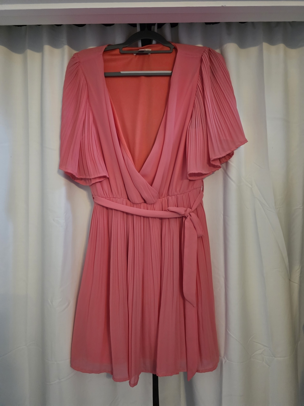 She + Sky Coral Pink Pleated V-Neck Wrap Mini Dress